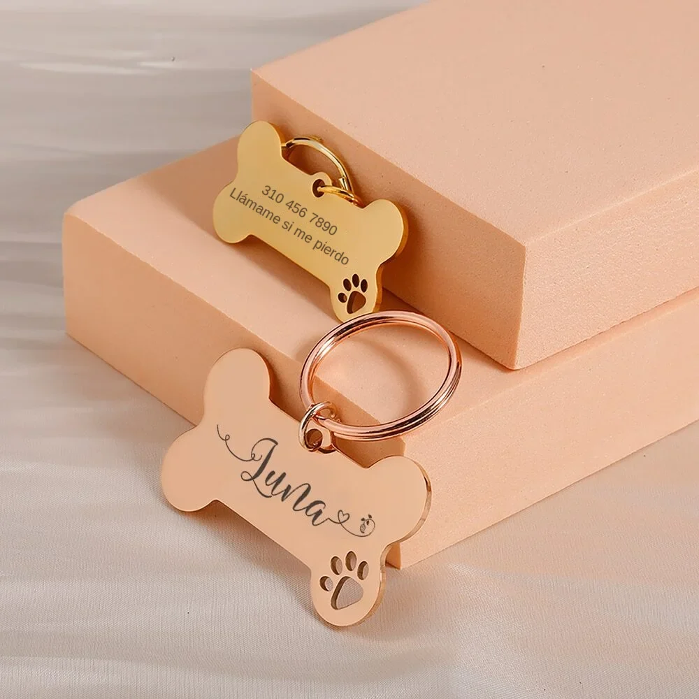 Placa de identificación para perros y gatos en forma de patita, acero inoxidable