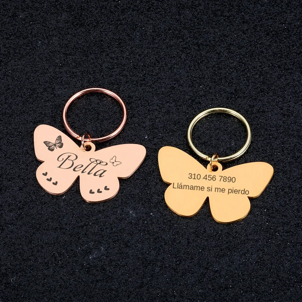 Placa de identificación para perros y gatos en forma de mariposa, acero inoxidable