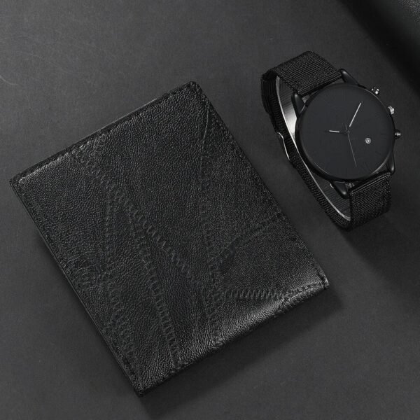 Kit de Reloj Pulso en Cuero y Billetera para Hombres En Negro