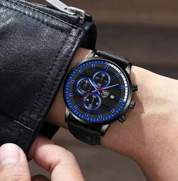 Kit de Reloj Pulso en Cuero y Billetera para Hombres Esfera Azul - Image 3