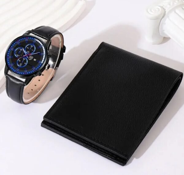 Kit de Reloj Pulso en Cuero y Billetera para Hombres Esfera Azul