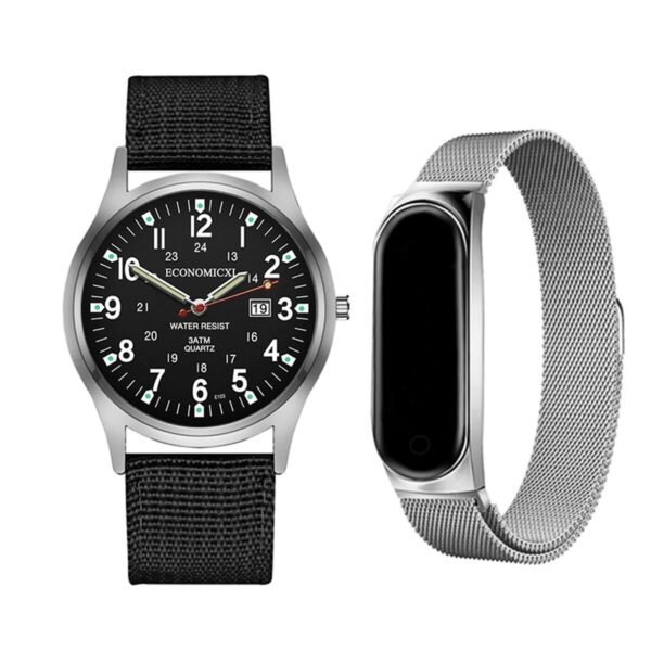 Kit Reloj de Cuarzo y Reloj Digital Negro Plateado Elegante