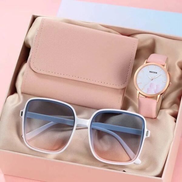 Kit de Reloj Pulso en Cuero, Billetera y Gafas para Mujer Rosa Distinción